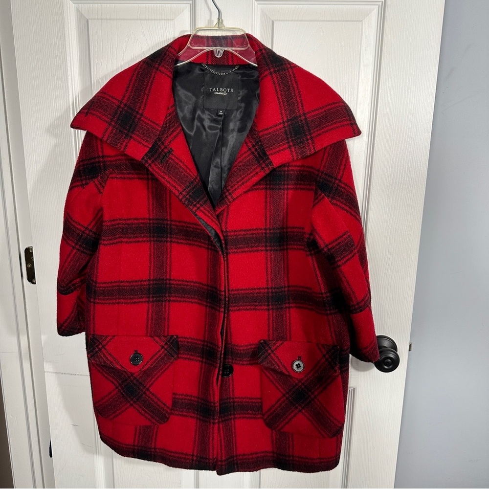 Talbots Red and Black Plaid Pea Coat